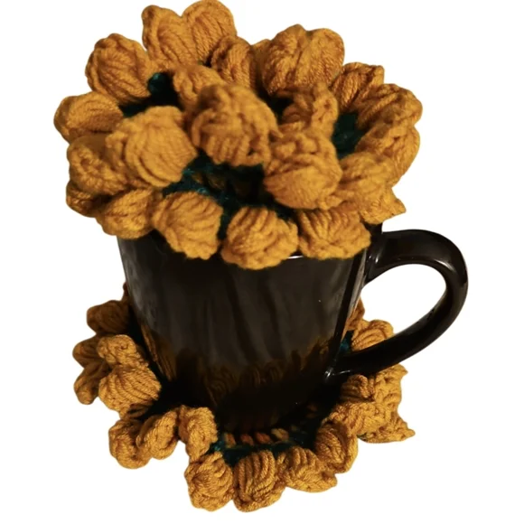 Hand Crafted 2pc Set Crochet Sunflower Coaster Home Decor Floral Retro Mug Rug - Picture 5 of 17